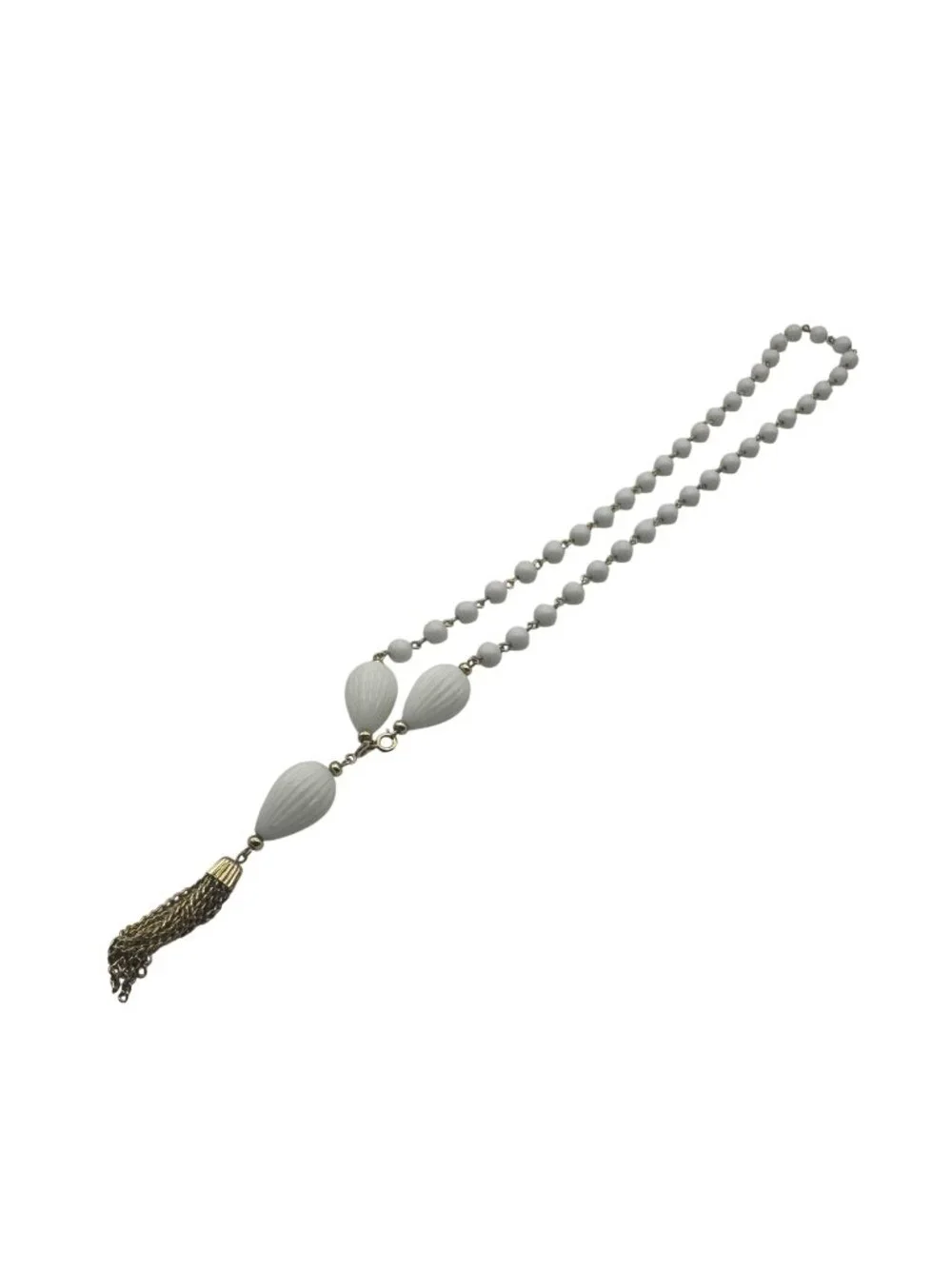 Vintage Beaded Tassel Gold Tone & White Plastic Chain Necklace Unique Design